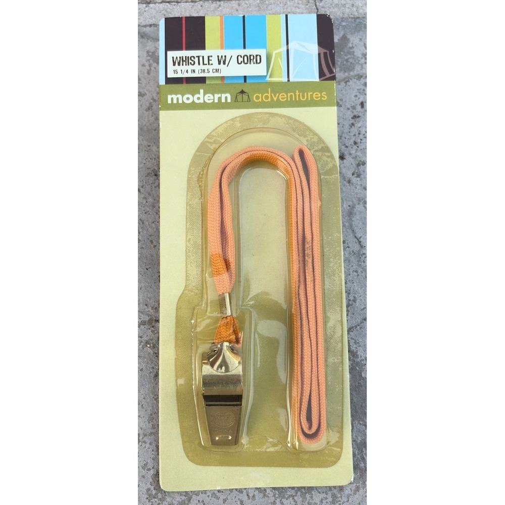 Vintage 2004 Modern Adventures Metal Emergency Whistle w Cord NOS Camping Hiking
